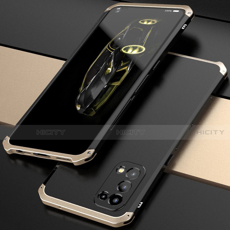 Coque Luxe Aluminum Metal Housse Etui 360 Degres M01 pour Oppo Reno5 5G Or et Noir Plus