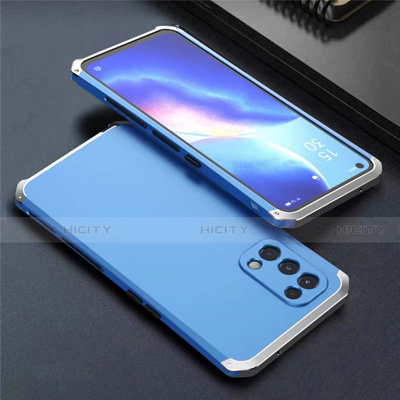 Coque Luxe Aluminum Metal Housse Etui 360 Degres M02 pour Oppo Reno5 5G Argent et Bleu Plus