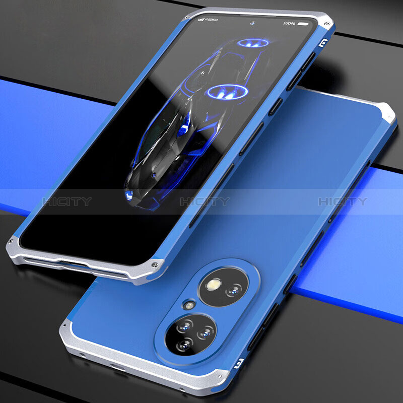 Coque Luxe Aluminum Metal Housse Etui 360 Degres P01 pour Huawei P50 Pro Argent et Bleu Plus