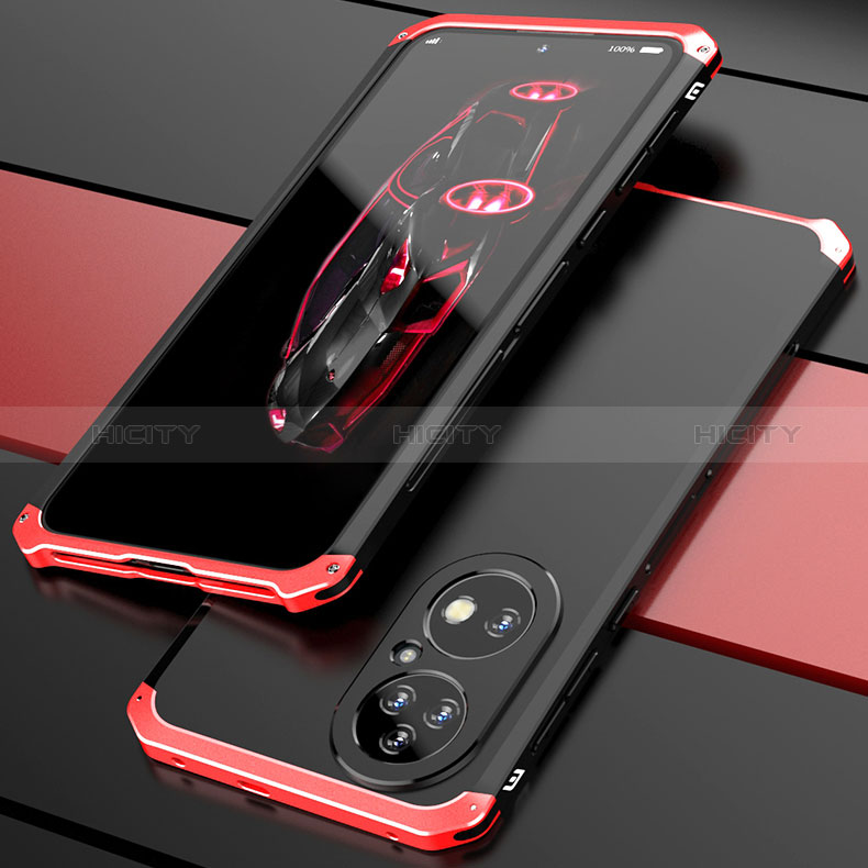 Coque Luxe Aluminum Metal Housse Etui 360 Degres P01 pour Huawei P50 Rouge et Noir Plus