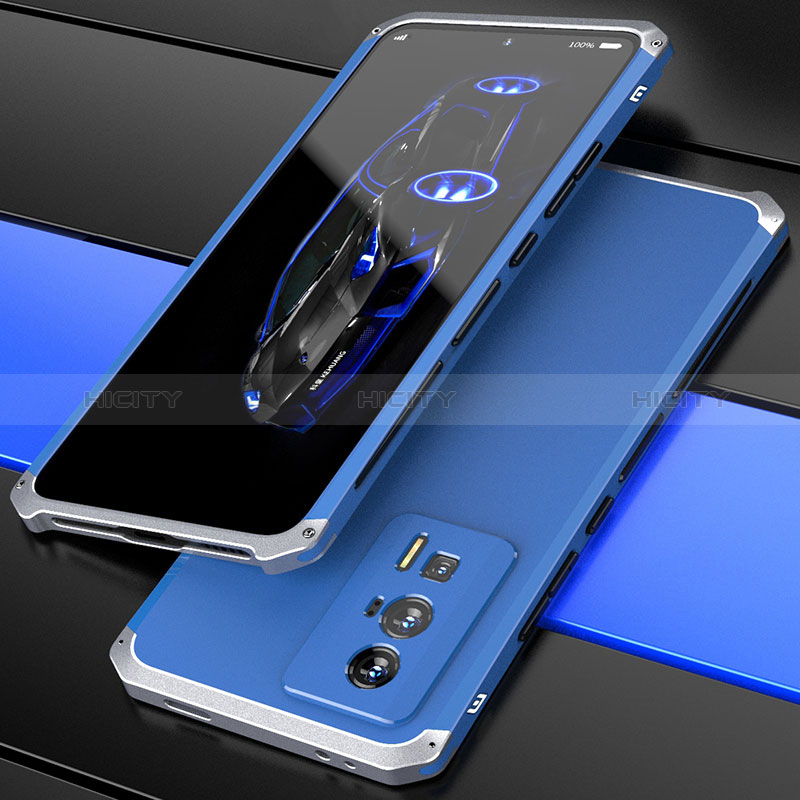 Coque Luxe Aluminum Metal Housse Etui 360 Degres P01 pour Xiaomi Poco F5 Pro 5G Argent et Bleu Plus