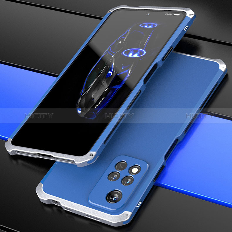 Coque Luxe Aluminum Metal Housse Etui 360 Degres P01 pour Xiaomi Poco X4 NFC Argent et Bleu Plus