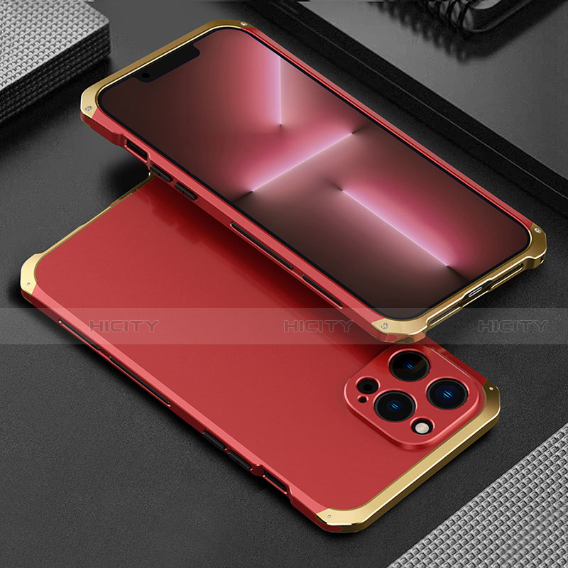 Coque Luxe Aluminum Metal Housse Etui 360 Degres pour Apple iPhone 13 Pro Or et Rouge Plus