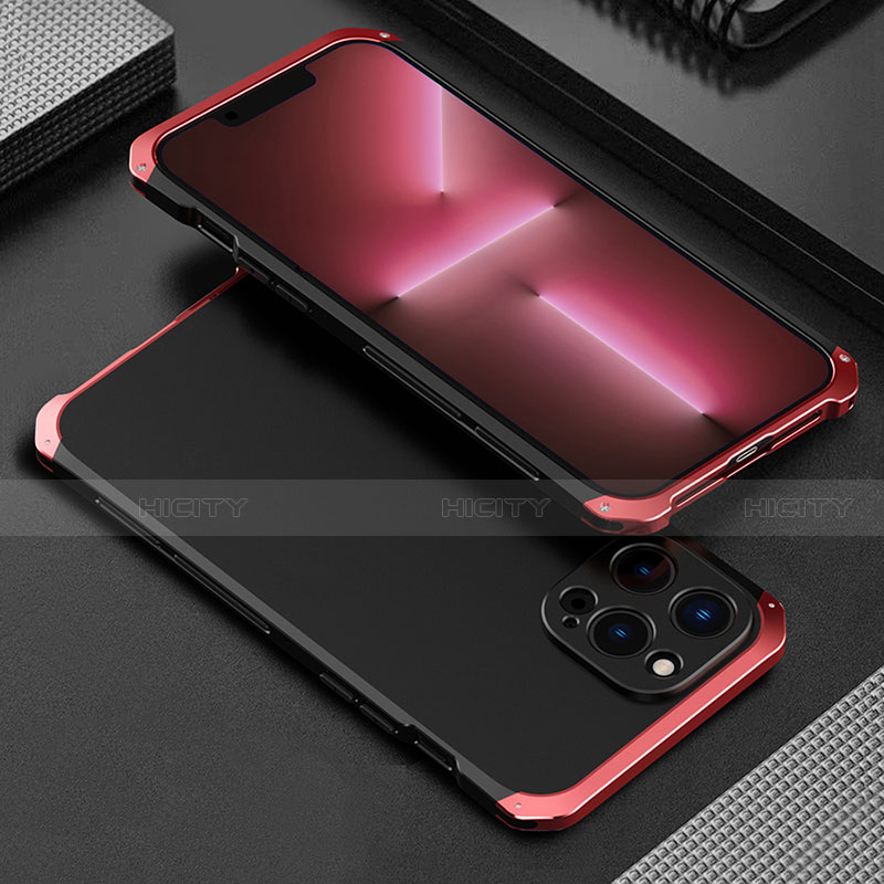 Coque Luxe Aluminum Metal Housse Etui 360 Degres pour Apple iPhone 13 Pro Rouge et Noir Plus