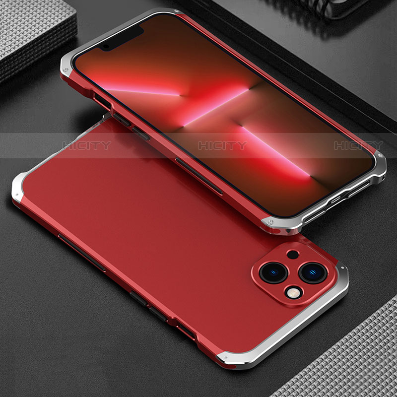 Coque Luxe Aluminum Metal Housse Etui 360 Degres pour Apple iPhone 14 Argent et Rouge Plus