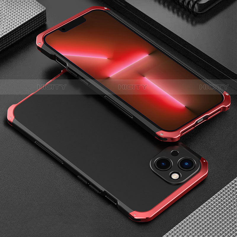 Coque Luxe Aluminum Metal Housse Etui 360 Degres pour Apple iPhone 14 Plus Rouge et Noir Plus