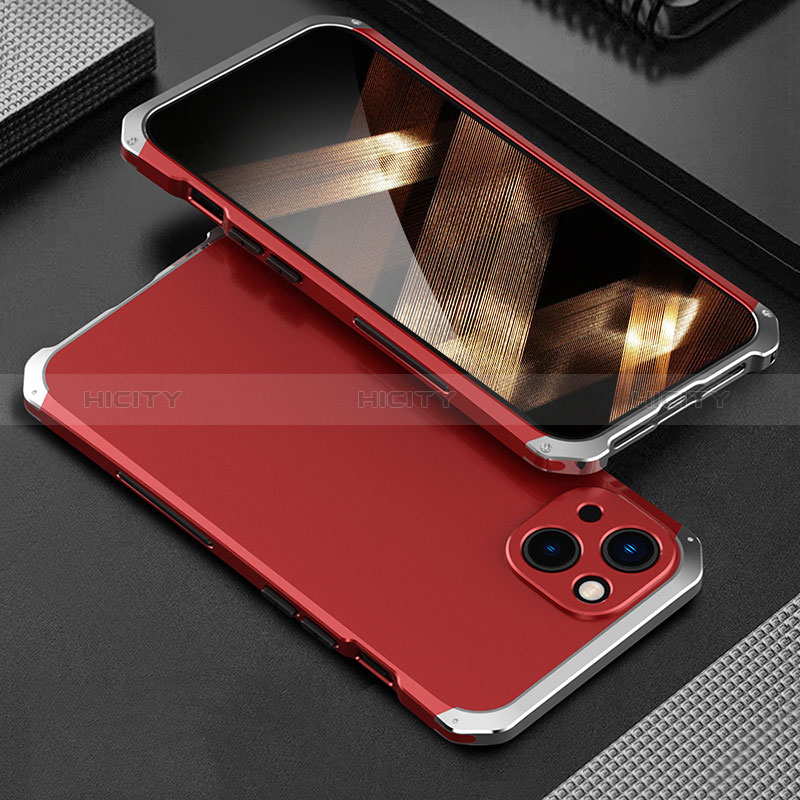 Coque Luxe Aluminum Metal Housse Etui 360 Degres pour Apple iPhone 15 Argent et Rouge Plus