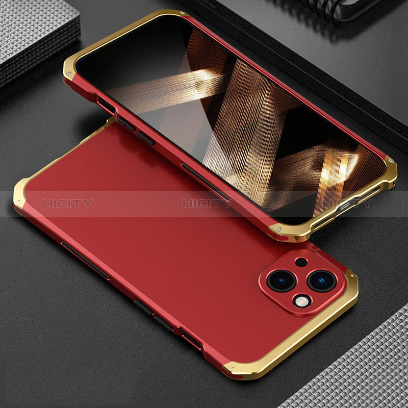 Coque Luxe Aluminum Metal Housse Etui 360 Degres pour Apple iPhone 15 Or et Rouge Plus