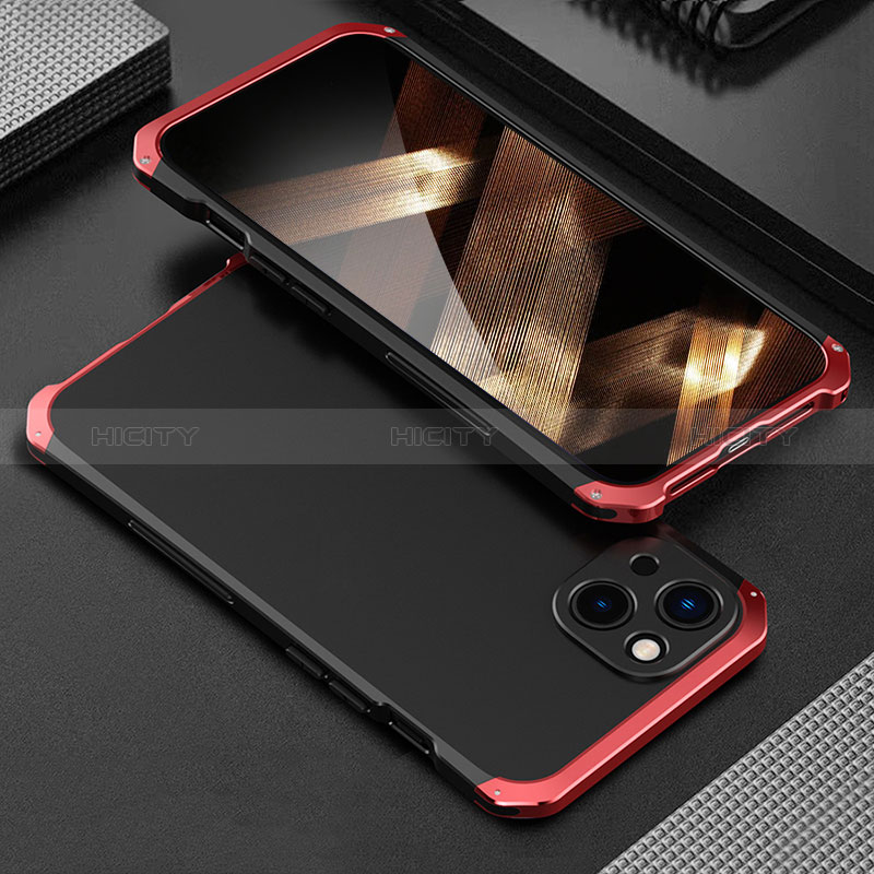 Coque Luxe Aluminum Metal Housse Etui 360 Degres pour Apple iPhone 15 Plus Rouge et Noir Plus