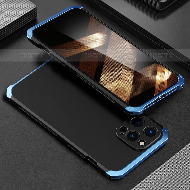 Coque Luxe Aluminum Metal Housse Etui 360 Degres pour Apple iPhone 16 Pro Max Bleu et Noir Plus