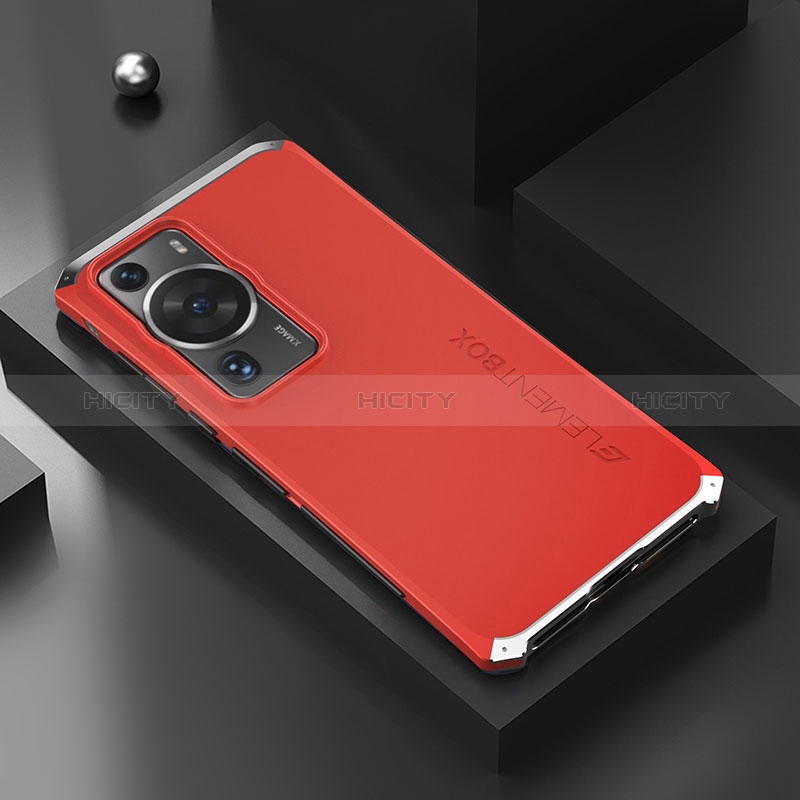 Coque Luxe Aluminum Metal Housse Etui 360 Degres pour Huawei P60 Pro Argent et Rouge Plus