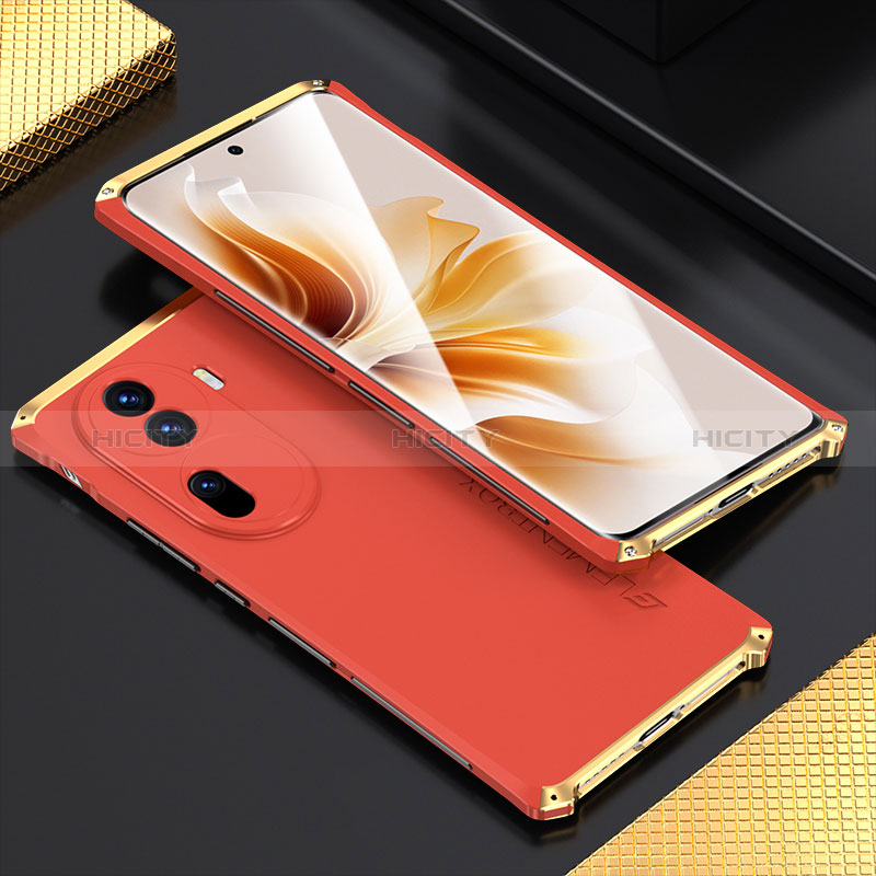 Coque Luxe Aluminum Metal Housse Etui 360 Degres pour Oppo Reno11 Pro 5G Or et Rouge Plus