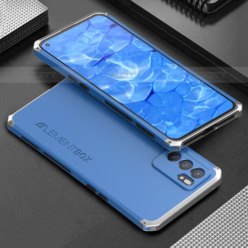 Coque Luxe Aluminum Metal Housse Etui 360 Degres pour Oppo Reno6 5G Argent et Bleu Plus