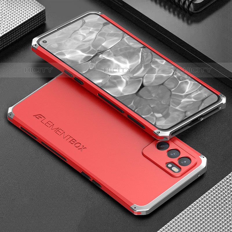 Coque Luxe Aluminum Metal Housse Etui 360 Degres pour Oppo Reno6 5G Argent et Rouge Plus