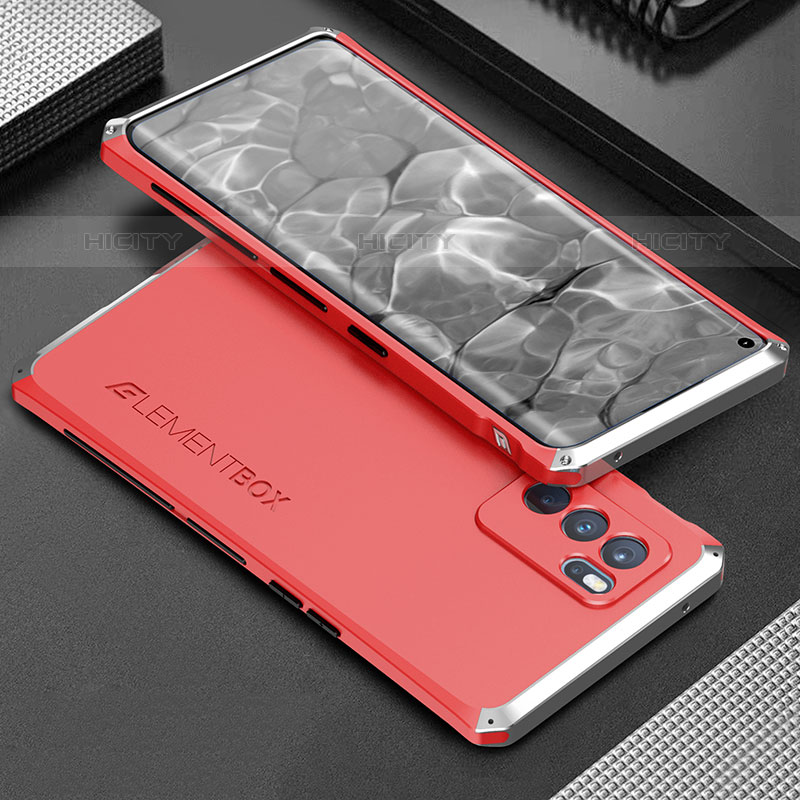 Coque Luxe Aluminum Metal Housse Etui 360 Degres pour Oppo Reno6 Pro 5G India Argent et Rouge Plus