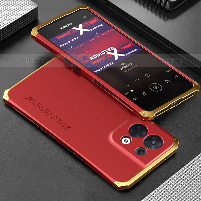 Coque Luxe Aluminum Metal Housse Etui 360 Degres pour Oppo Reno9 5G Or et Rouge Plus