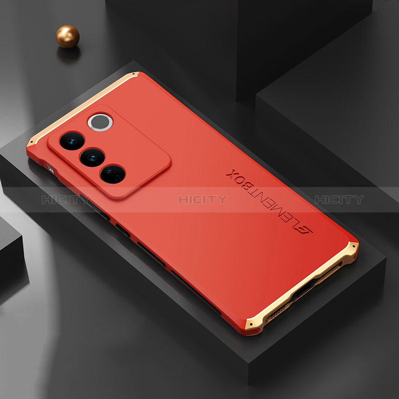 Coque Luxe Aluminum Metal Housse Etui 360 Degres pour Vivo V27 Pro 5G Or et Rouge Plus