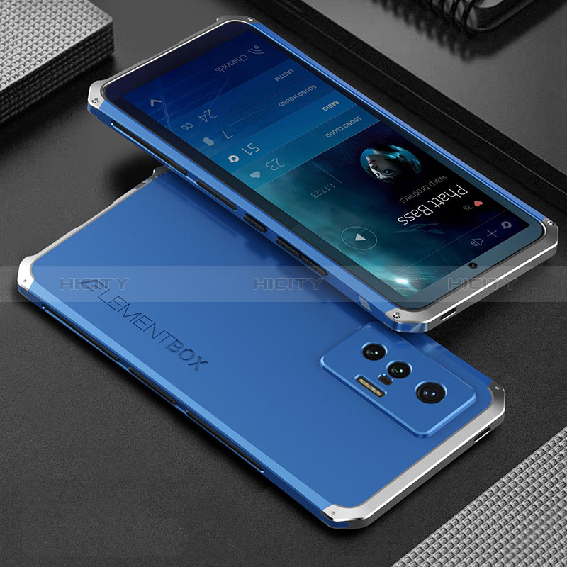 Coque Luxe Aluminum Metal Housse Etui 360 Degres pour Vivo X70t Argent et Bleu Plus