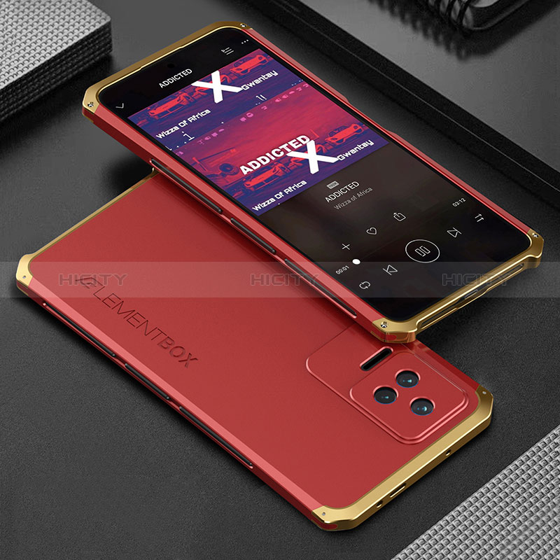 Coque Luxe Aluminum Metal Housse Etui 360 Degres pour Xiaomi Poco F4 5G Or et Rouge Plus