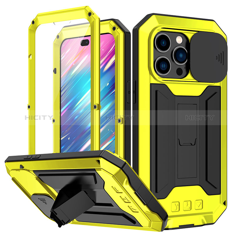 Coque Luxe Aluminum Metal Housse Etui 360 Degres RJ1 pour Apple iPhone 14 Pro Jaune Plus