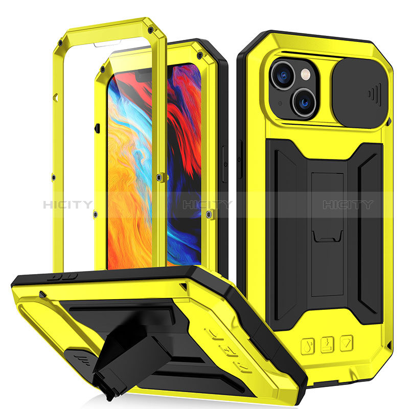 Coque Luxe Aluminum Metal Housse Etui 360 Degres RJ2 pour Apple iPhone 13 Jaune Plus