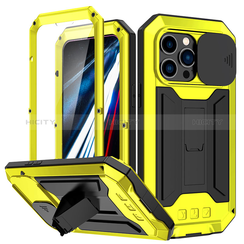 Coque Luxe Aluminum Metal Housse Etui 360 Degres RJ2 pour Apple iPhone 13 Pro Max Jaune Plus