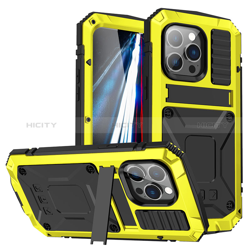 Coque Luxe Aluminum Metal Housse Etui 360 Degres RJ2 pour Apple iPhone 14 Pro Jaune Plus