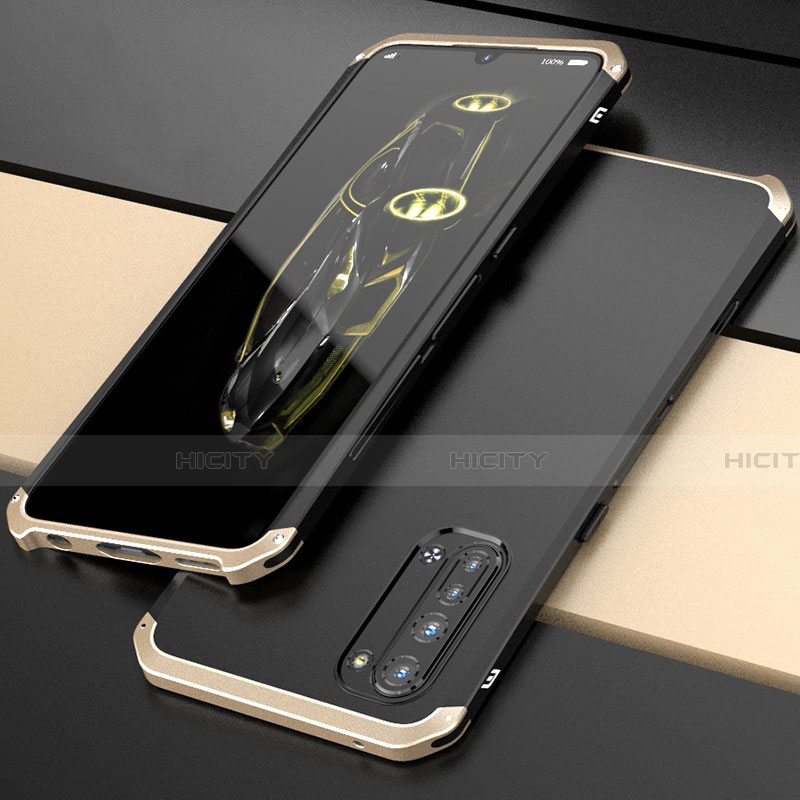 Coque Luxe Aluminum Metal Housse Etui pour Oppo Reno3 Or et Noir Plus