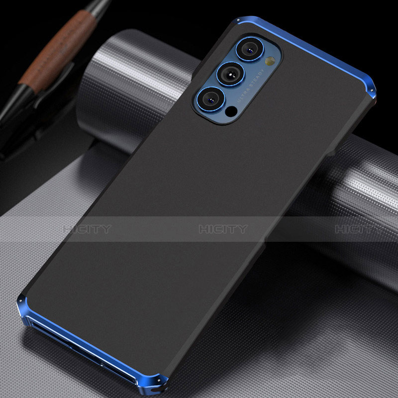 Coque Luxe Aluminum Metal Housse Etui T02 pour Oppo Reno4 Pro 5G Bleu et Noir Plus