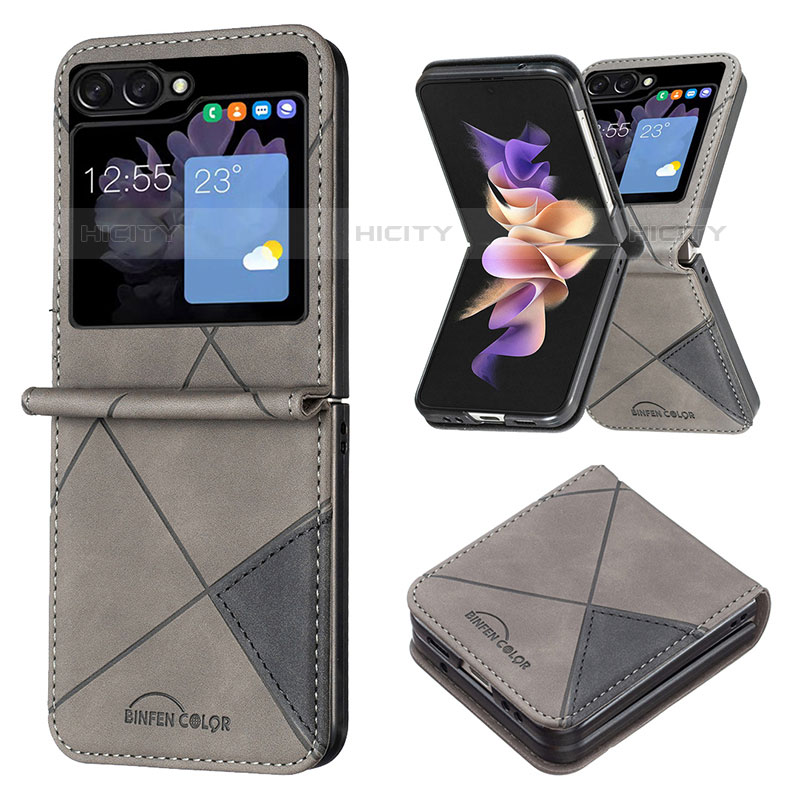 Coque Luxe Cuir et Plastique Housse Etui Mat BF3 pour Samsung Galaxy Z Flip5 5G Gris Plus