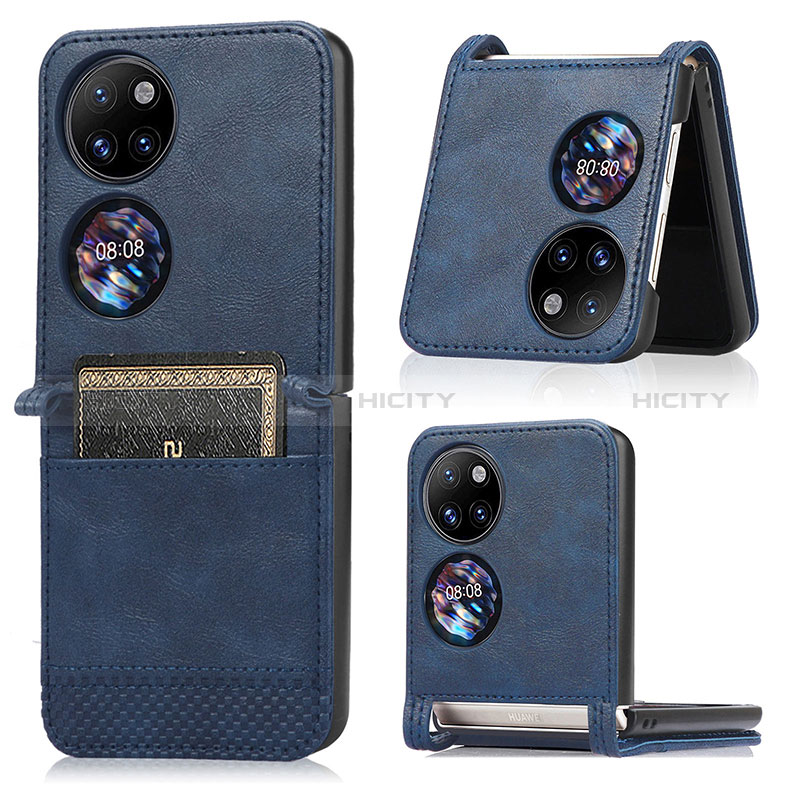 Coque Luxe Cuir et Plastique Housse Etui Mat BY3 pour Huawei P50 Pocket Bleu Plus