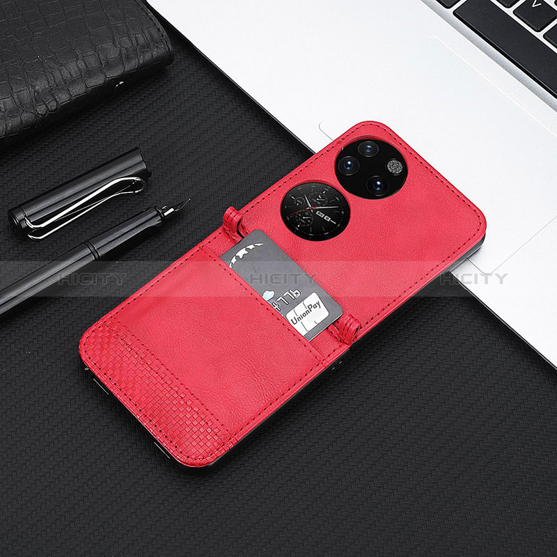 Coque Luxe Cuir et Plastique Housse Etui Mat BY4 pour Huawei P60 Pocket Rouge Plus