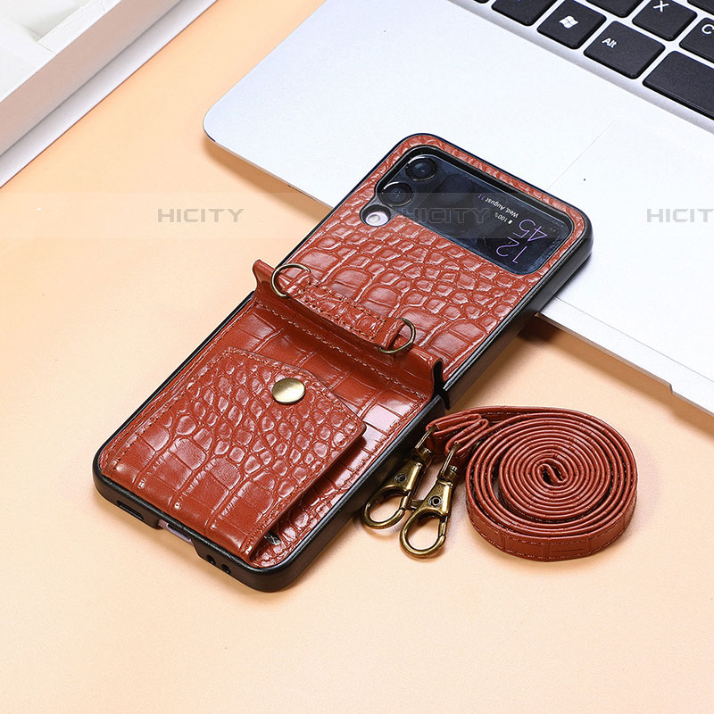 Coque Luxe Cuir et Plastique Housse Etui Mat L09 pour Samsung Galaxy Z Flip4 5G Marron Plus