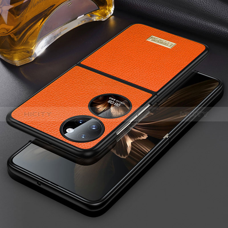 Coque Luxe Cuir et Plastique Housse Etui Mat LD1 pour Huawei P50 Pocket Orange Plus