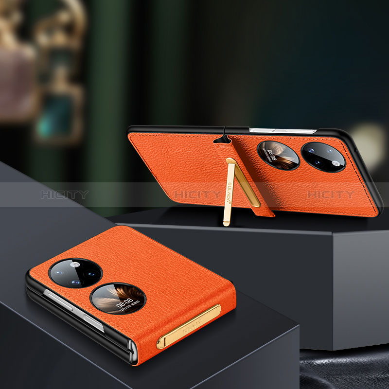 Coque Luxe Cuir et Plastique Housse Etui Mat LD2 pour Huawei P50 Pocket Orange Plus