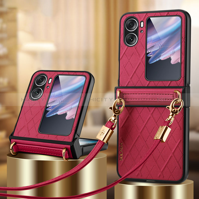 Coque Luxe Cuir et Plastique Housse Etui Mat LD3 pour Oppo Find N2 Flip 5G Rouge Plus