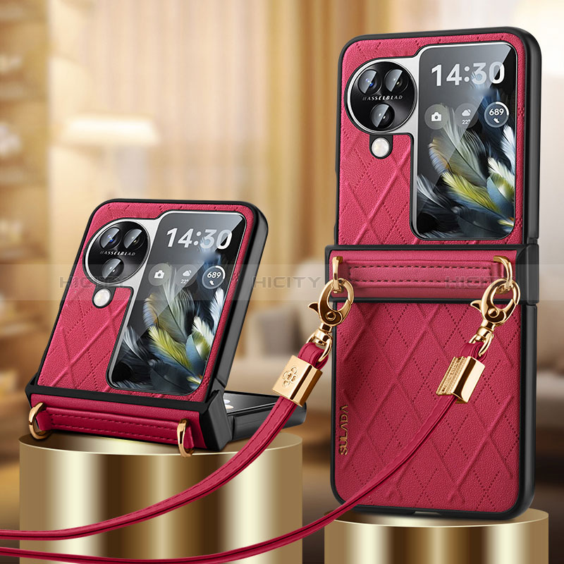 Coque Luxe Cuir et Plastique Housse Etui Mat LD3 pour Oppo Find N3 Flip 5G Rouge Plus