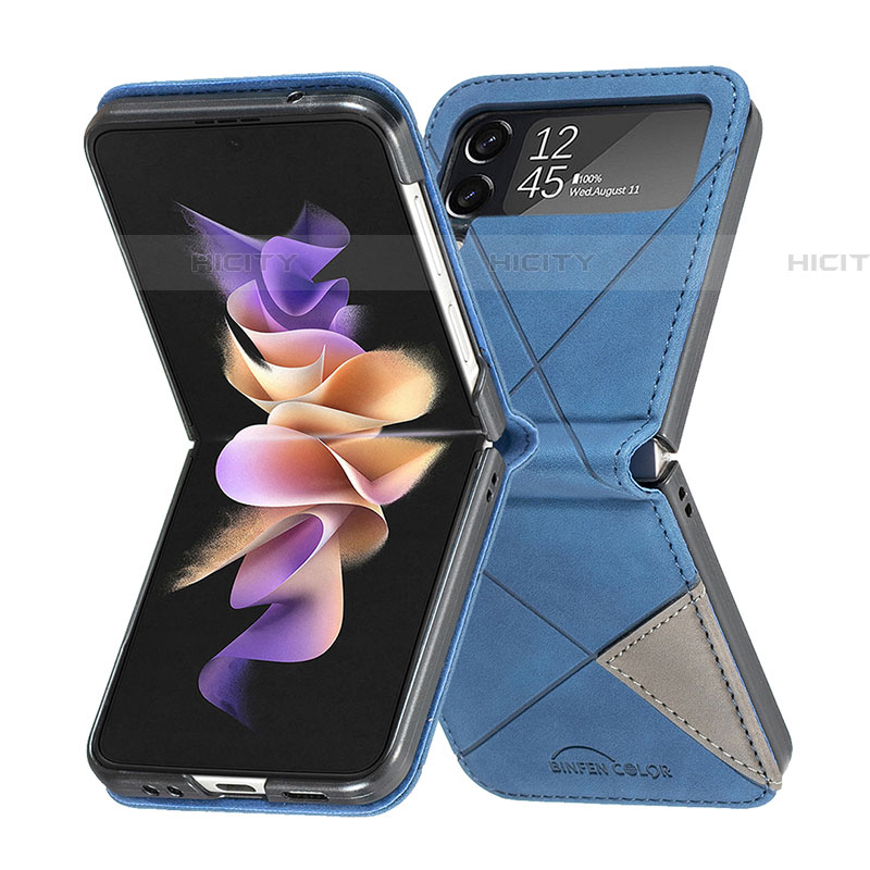 Coque Luxe Cuir et Plastique Housse Etui Mat pour Samsung Galaxy Z Flip4 5G Bleu Plus