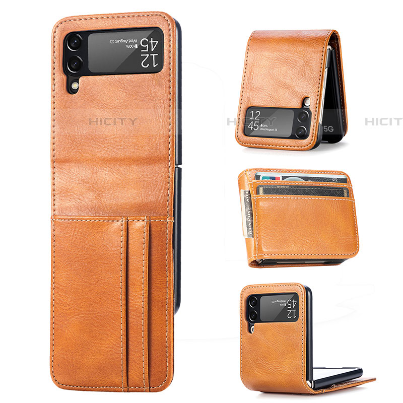 Coque Luxe Cuir et Plastique Housse Etui Mat R09 pour Samsung Galaxy Z Flip4 5G Marron Plus