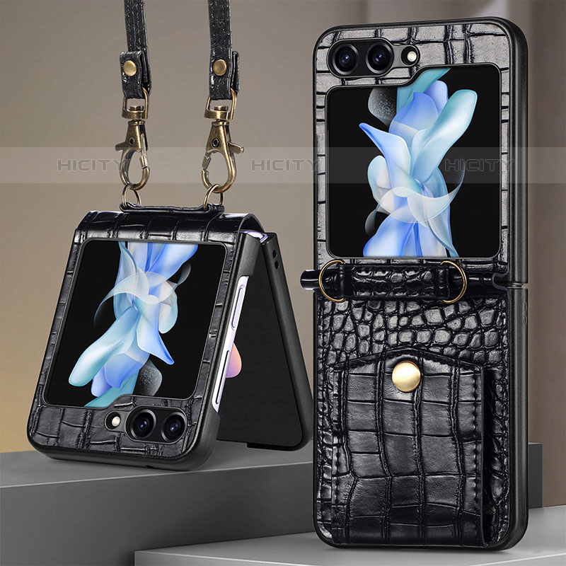 Coque Luxe Cuir et Plastique Housse Etui Mat S05D pour Samsung Galaxy Z Flip5 5G Noir Plus