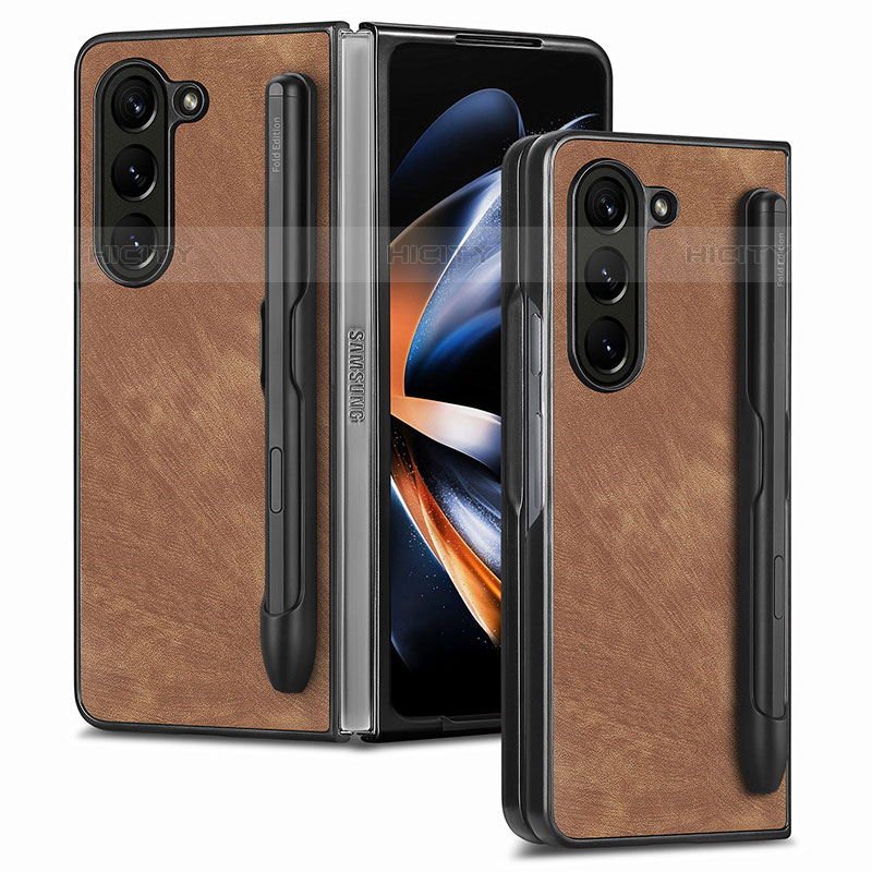 Coque Luxe Cuir et Plastique Housse Etui Mat S05D pour Samsung Galaxy Z Fold5 5G Marron Plus