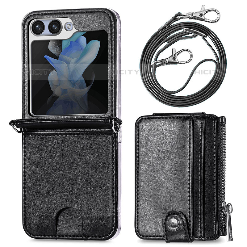 Coque Luxe Cuir et Plastique Housse Etui Mat S07D pour Samsung Galaxy Z Flip5 5G Noir Plus