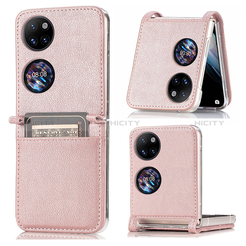 Coque Luxe Cuir et Plastique Housse Etui Mat SD1 pour Huawei P50 Pocket Or Rose Plus