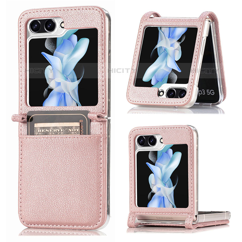 Coque Luxe Cuir et Plastique Housse Etui Mat SD3 pour Samsung Galaxy Z Flip5 5G Or Rose Plus