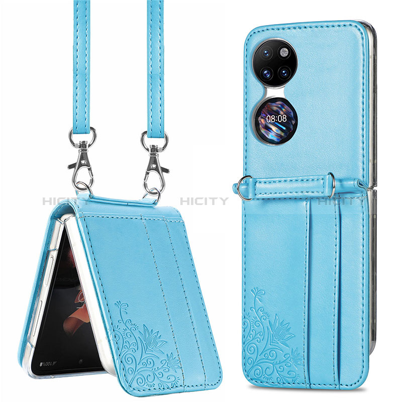 Coque Luxe Cuir et Plastique Housse Etui Mat SD6 pour Huawei P50 Pocket Bleu Ciel Plus