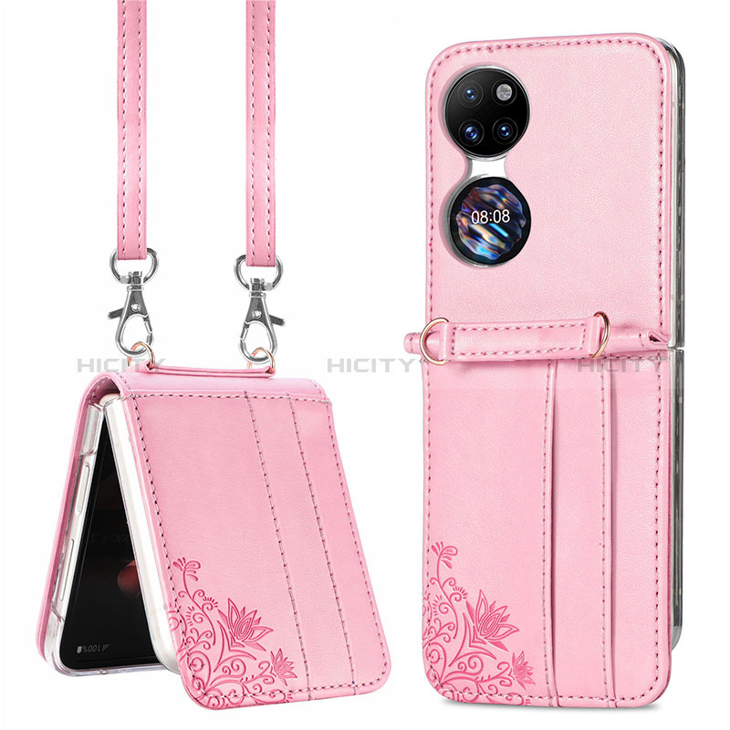 Coque Luxe Cuir et Plastique Housse Etui Mat SD6 pour Huawei P50 Pocket Or Rose Plus