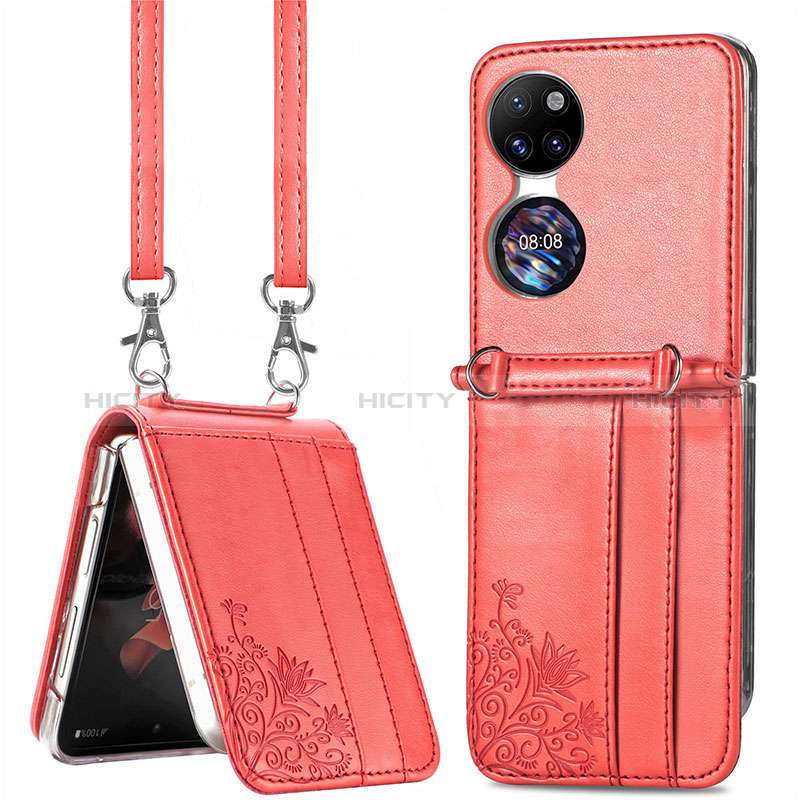 Coque Luxe Cuir et Plastique Housse Etui Mat SD6 pour Huawei P50 Pocket Rouge Plus