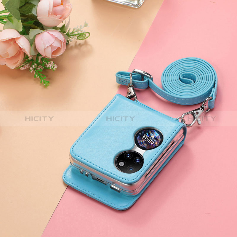 Coque Luxe Cuir et Plastique Housse Etui Mat SD7 pour Huawei P60 Pocket Bleu Ciel Plus