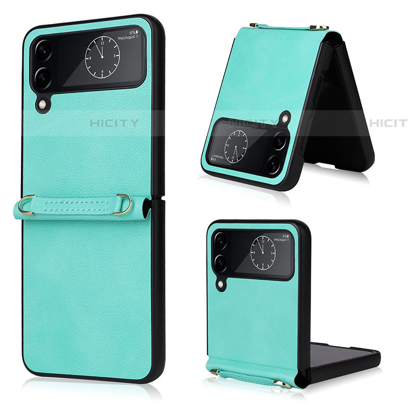 Coque Luxe Cuir et Plastique Housse Etui Mat T02 pour Samsung Galaxy Z Flip4 5G Cyan Plus