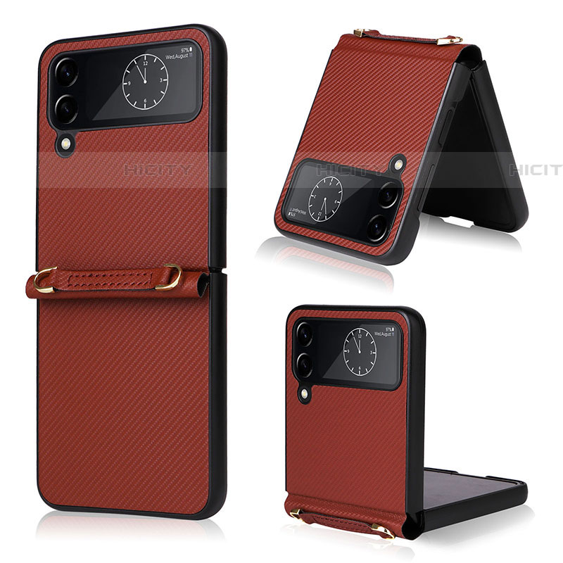 Coque Luxe Cuir et Plastique Housse Etui Mat T03 pour Samsung Galaxy Z Flip4 5G Marron Plus